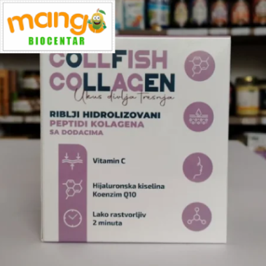 Collfish Collagen 50g – riblji hidrolizovani peptidi kolagena tip I sa hijaluronskom kiselinom, koenzimom Q10 i vitaminom C, 10 kesica x 5g, ukus divlja trešnja, Top Food