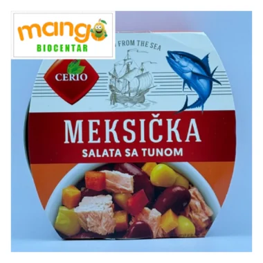 Cerio meksička salata sa tunom 160g — gotova konzerva sa povrćem (crveni pasulj, kukuruz, paprika, šargarepa, čili) i 26% tune (Katsuwonus pelamis)